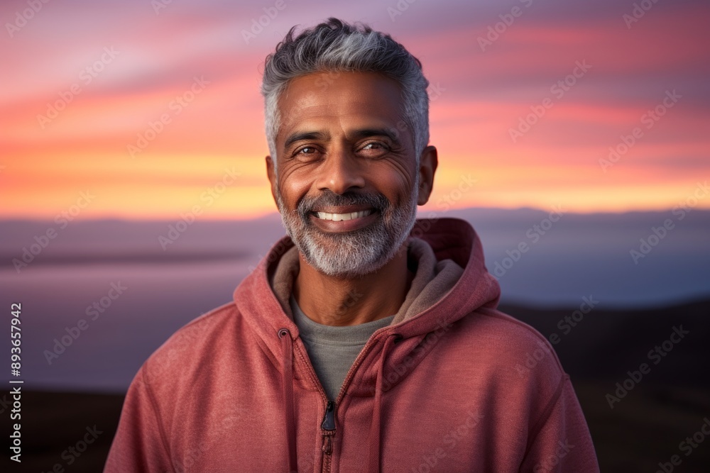 Portrait of a happy indian man in his 50s wearing a thermal fleece pullover isolated on vibrant sunset horizon Portrait of a happy indian man in his 50s wearing a thermal fleece pullover isolated on vibrant sunset horizon