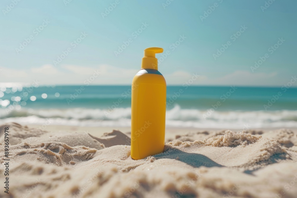 Sun cream bottle mockup on the beach