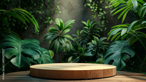 Simple and minimalist but modern and luxury Rounded empty podium mockup made of light wood for products display (cosmetics, skin care etc) with green tropical leave and plants on the background