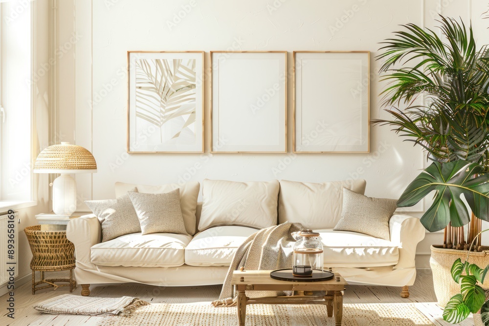 Fototapeta premium Sunny and bright space of living room with stylish sofa, pillows, coffee table, mock up poster frames