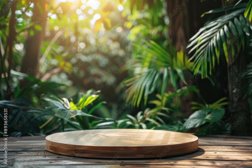 Table top wood counter floor podium in nature outdoors tropical forest garden blurred green jungle plant background Table top wood counter floor podium in nature outdoors tropical forest garden blurred green jungle plant background