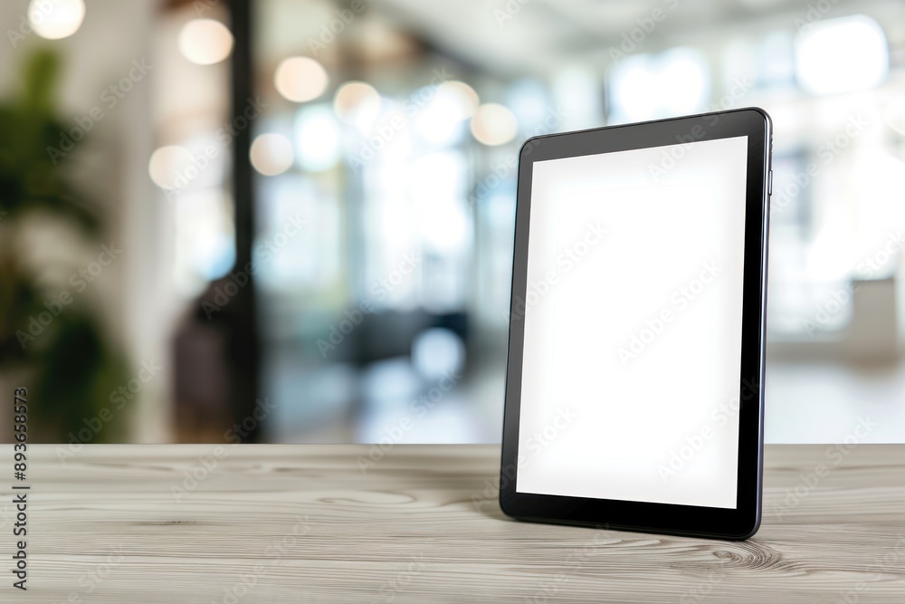 Tablet computer with cut out screen on blurred office background. Copy space