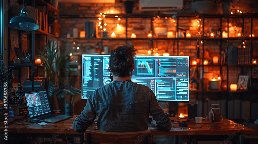 A software engineer coding on a transparent screen in office room A software engineer coding on a transparent screen in office room