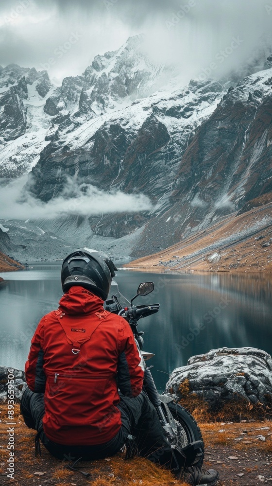 a man in a red jacket and helmet, sitting on the ground next to his motorcycle, by a serene lake. In the background, the majestic snow-capped mountains create a stunning and peaceful picture. a man in a red jacket and helmet, sitting on the ground next to his motorcycle, by a serene lake. In the background, the majestic snow-capped mountains create a stunning and peaceful picture.