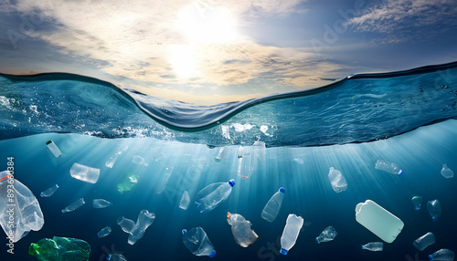 Plastic waste floating among the waves ocean background on digital art concept, Generative AI.