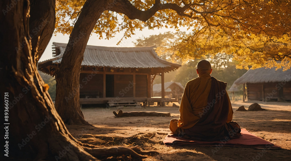 a close up shot of monk meditating under tree with a unique and ancient retreat cabin in background, holy light, golden sunlight, mythical a close up shot of monk meditating under tree with a unique and ancient retreat cabin in background, holy light, golden sunlight, mythical