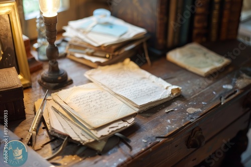 Wallpaper Mural Cozy Vintage Desk Scene with Open Book, Handmade Stationery, and Flower Vase in Sunlit Room Torontodigital.ca