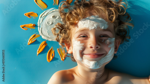 close-up of a cute smiling toddler boy with white sunscreen on his face on a blue background with a sun spade made of sunscreen crea, importance of sun safety for children