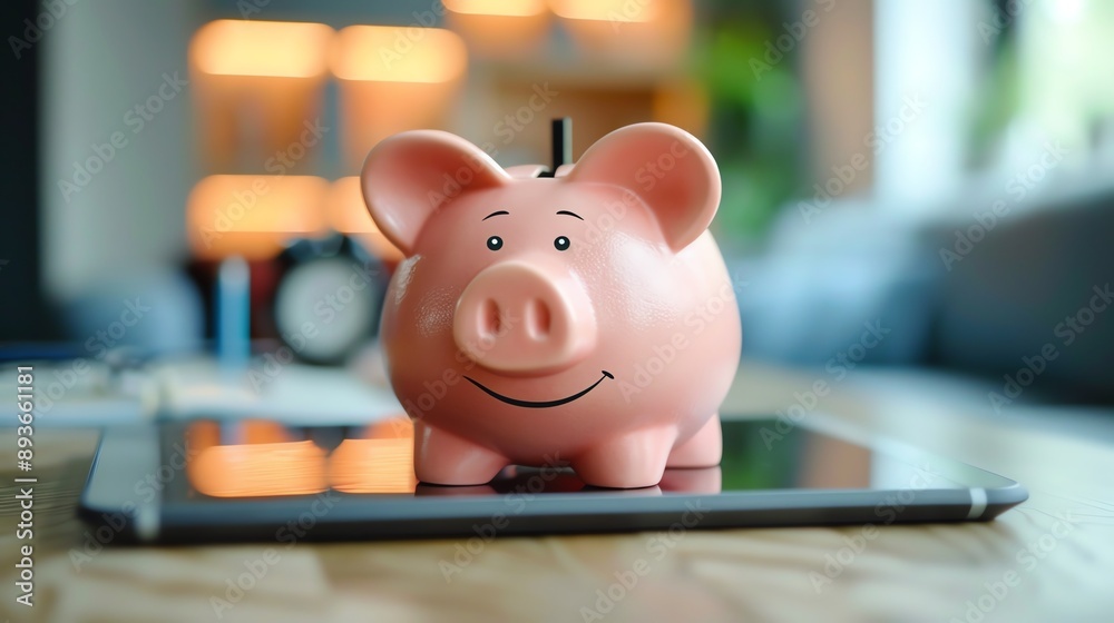 A cute pink piggy bank sits on a tablet, symbolizing savings and technology integration. Bright, modern background accentuates the concept. A cute pink piggy bank sits on a tablet, symbolizing savings and technology integration. Bright, modern background accentuates the concept.