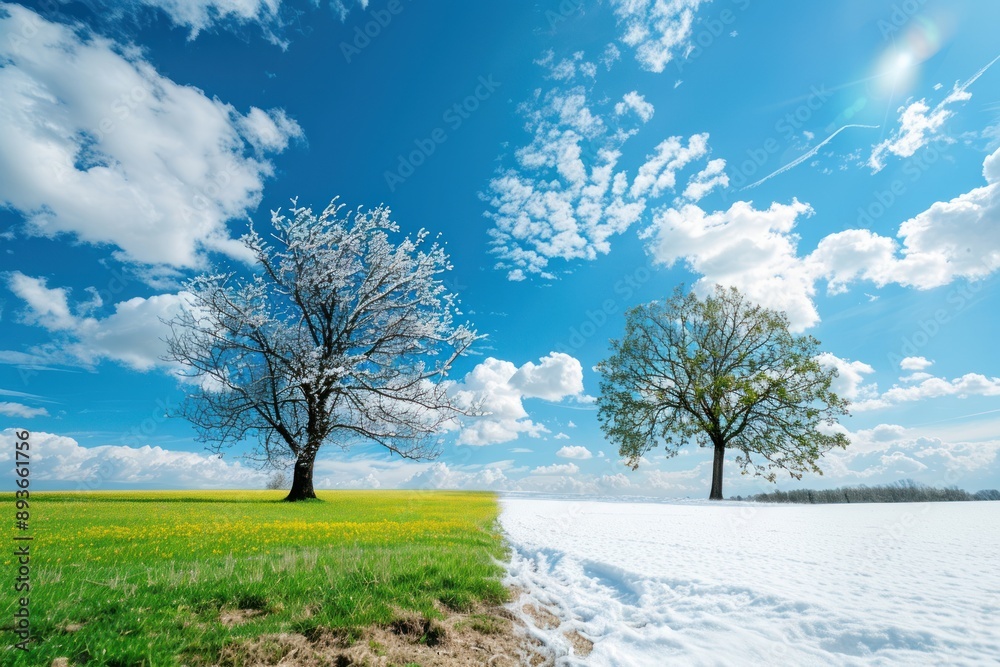 Fototapeta premium Winter and autumn landscape with blue sky. Concept of change season