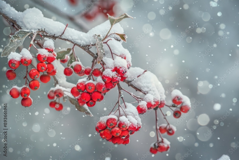 Winter snowfall on a rowan tree branch adorned with red berries and frost Winter snowfall on a rowan tree branch adorned with red berries and frost