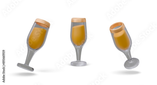 Realistic wine glass with yellow drink. Elegant glass with gold decoration