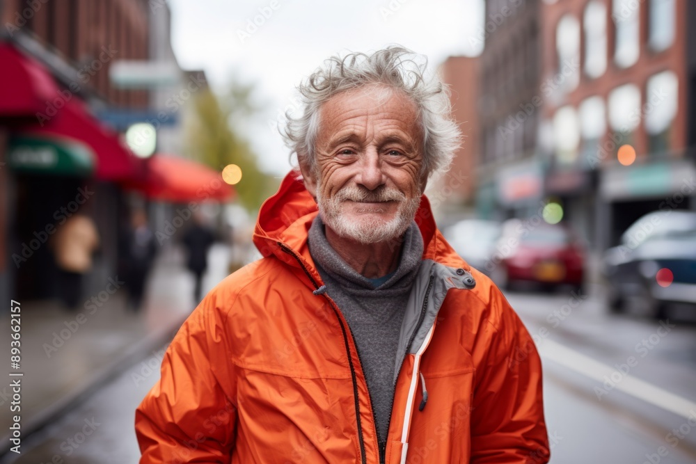 Portrait of a happy man in his 70s wearing a lightweight packable anorak over busy urban street