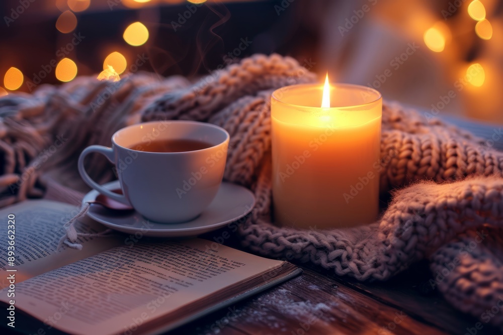 Warm and Cozy Evening with Candlelight, Tea, and Open Book for Relaxation and Calm Ambiance Warm and Cozy Evening with Candlelight, Tea, and Open Book for Relaxation and Calm Ambiance