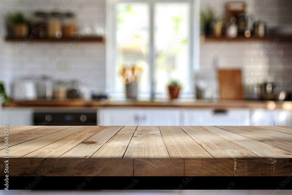 Wood table top on blurred kitchen background. can be used mock up for montage products display or design Wood table top on blurred kitchen background. can be used mock up for montage products display or design