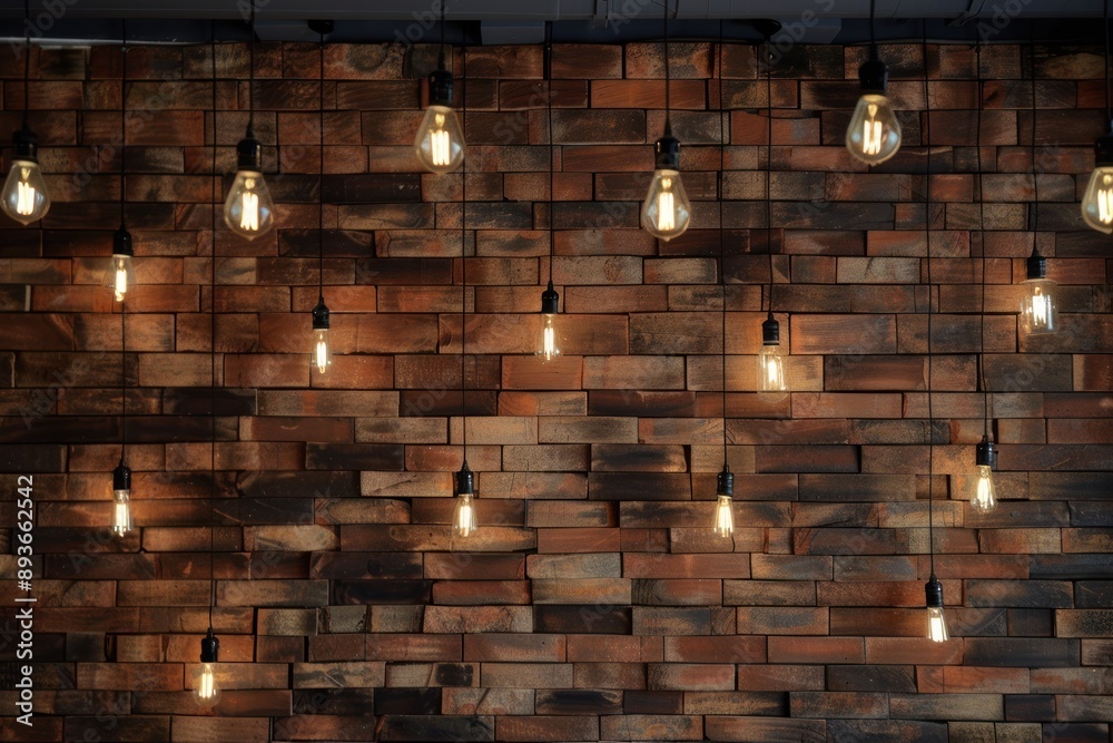 wood wall with bulb lights lamp. nice brick show room with spotlights wood wall with bulb lights lamp. nice brick show room with spotlights