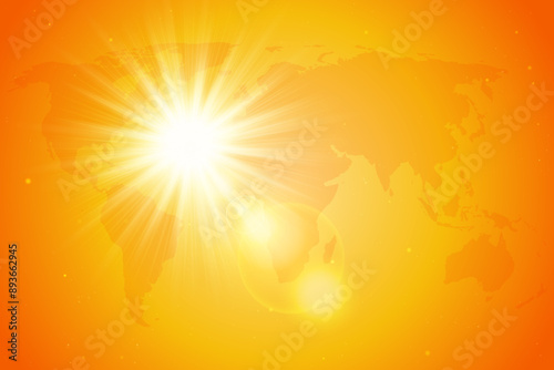 Abstract orange sun background with world map. Summer heat warning, world climate change concept