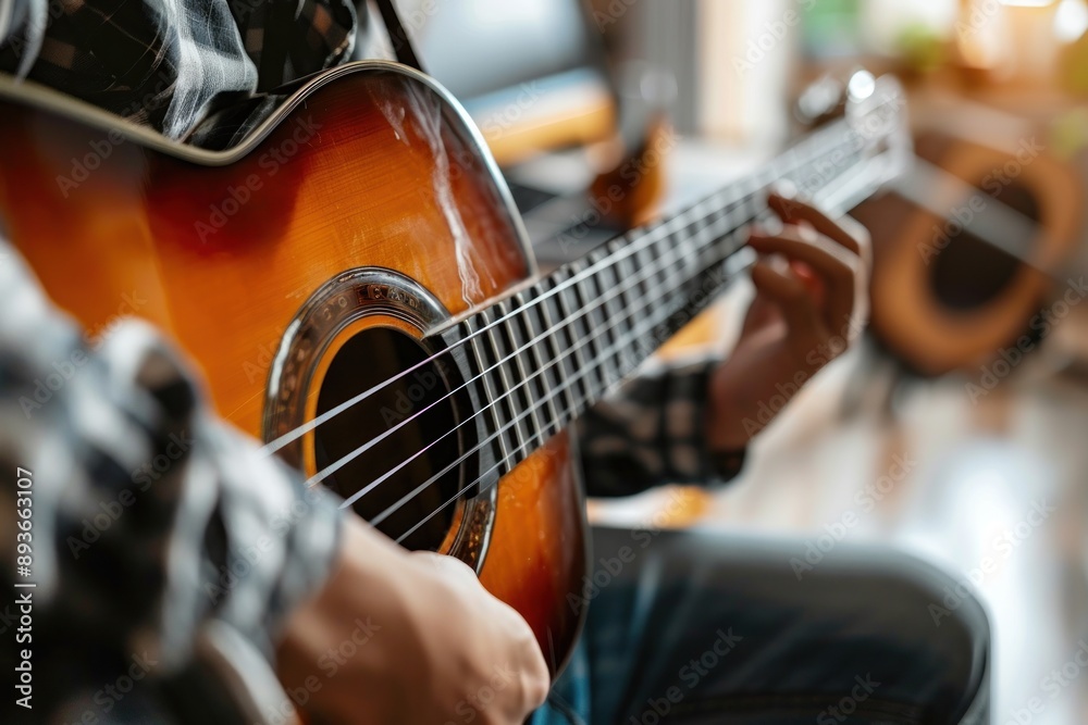 Fototapeta premium Young man playing on the guitar by the computer, online course, teacher or student
