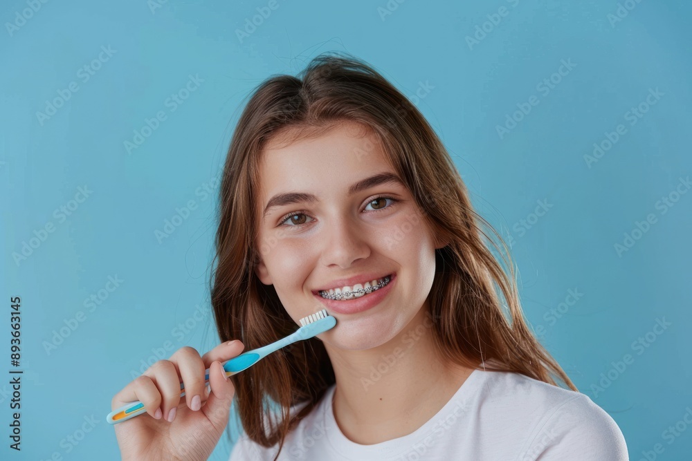Young woman in braces brushes his teeth, blue background copy space. Orthodontic device care concept Young woman in braces brushes his teeth, blue background copy space. Orthodontic device care concept