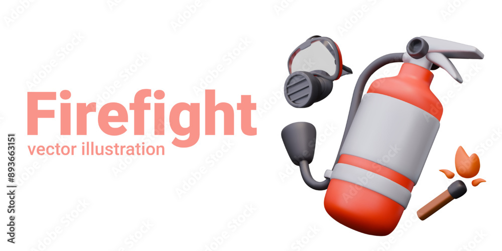 3D fire extinguisher, respirator, lit match. Vector set on white background 3D fire extinguisher, respirator, lit match. Vector set on white background