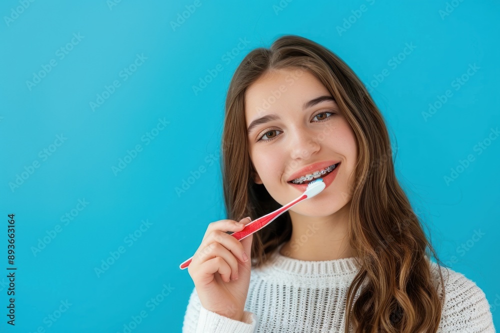 Young woman in braces brushes his teeth, blue background copy space. Orthodontic device care concept Young woman in braces brushes his teeth, blue background copy space. Orthodontic device care concept