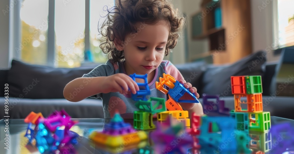 Curious Child Engaging with Magnetic Construction Set, Learning Shapes and Structures Through Play Curious Child Engaging with Magnetic Construction Set, Learning Shapes and Structures Through Play