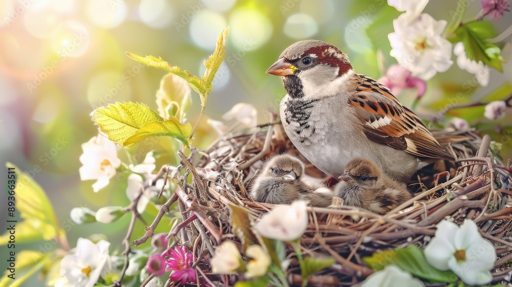 Naklejka premium Sparrow with Chicks in Blossoming Tree