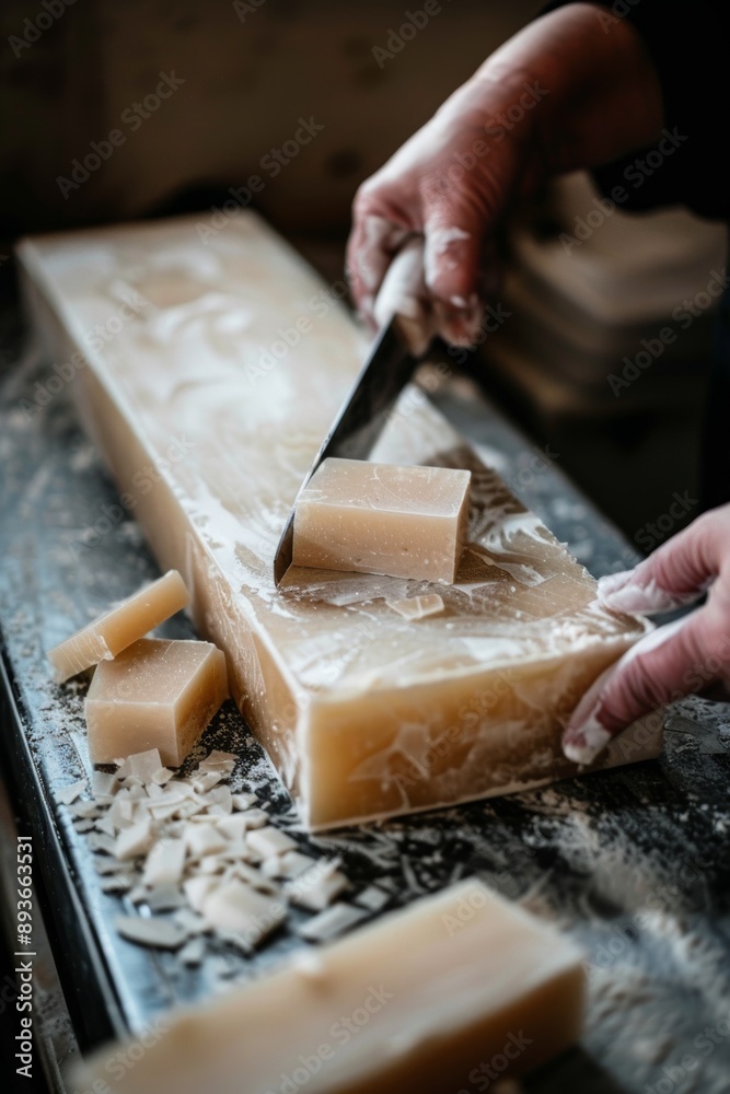 Handcrafted Soap Making Process: Cutting Freshly Made Artisan Soap Bars for Natural Skincare Products Handcrafted Soap Making Process: Cutting Freshly Made Artisan Soap Bars for Natural Skincare Products