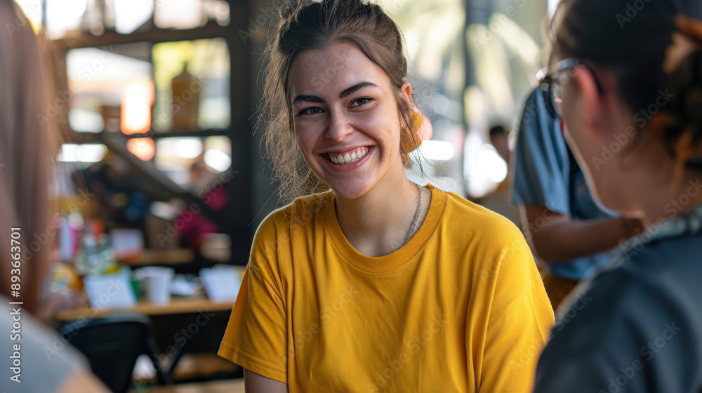 Obraz premium Radiant Young Woman Enjoying Conversation with Friends at Cafe