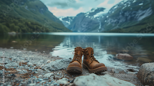 Hiking Boots in Mountain Landscape with Lake and Snow-Capped Peaks