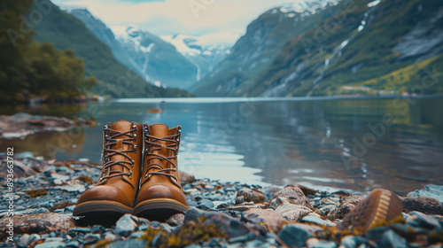 Hiking Boots in Mountain Landscape with Lake and Snow-Capped Peaks