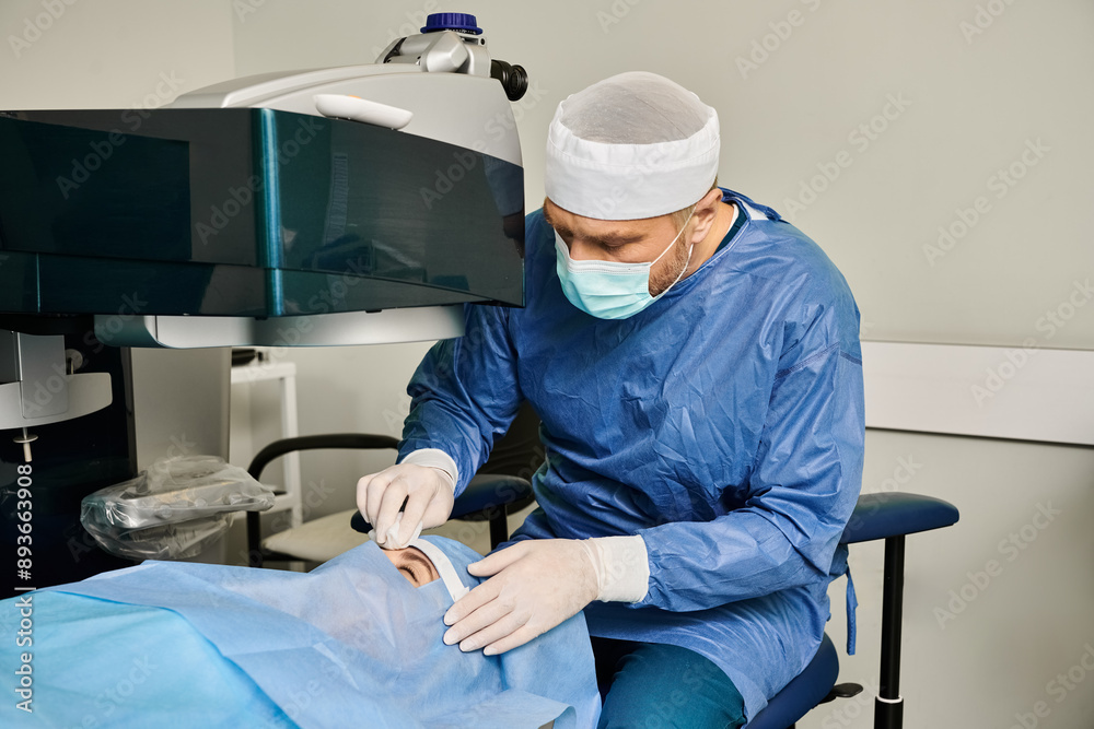 A skilled surgeon in a surgical gown operating a precision machine. A skilled surgeon in a surgical gown operating a precision machine.