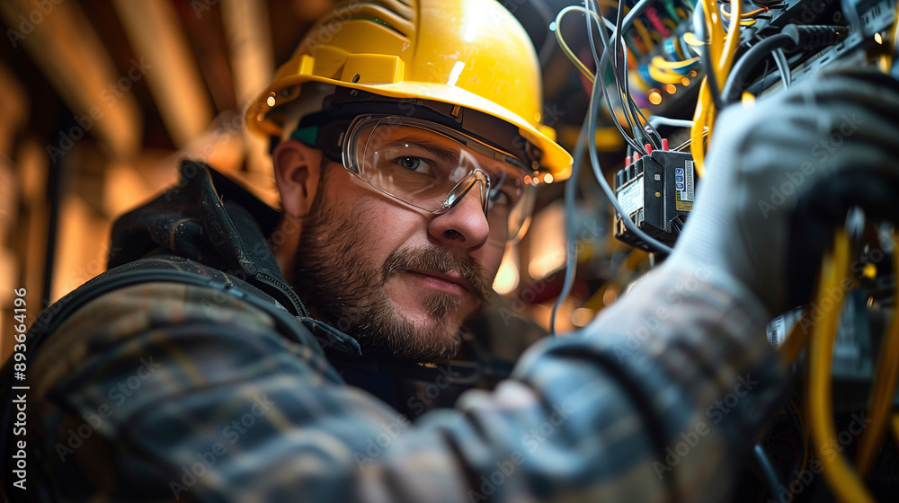 experienced electrician wearing yellow helmet and glasses, working with wiring in a residential setting experienced electrician wearing yellow helmet and glasses, working with wiring in a residential setting