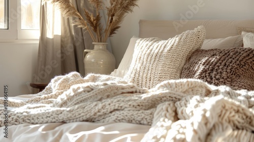 Cozy bed with knitted blanket in chic room decor