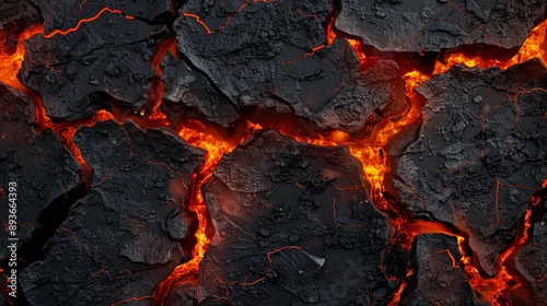 A close-up of glowing lava flowing through cracks in the earth's crust, creating a mesmerizing display of raw power and beauty. 