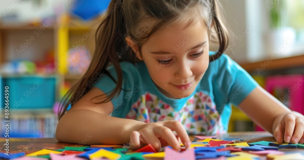 Little girl enhancing cognitive skills through a shape matching game, improving pattern recognition and spatial awareness Little girl enhancing cognitive skills through a shape matching game, improving pattern recognition and spatial awareness