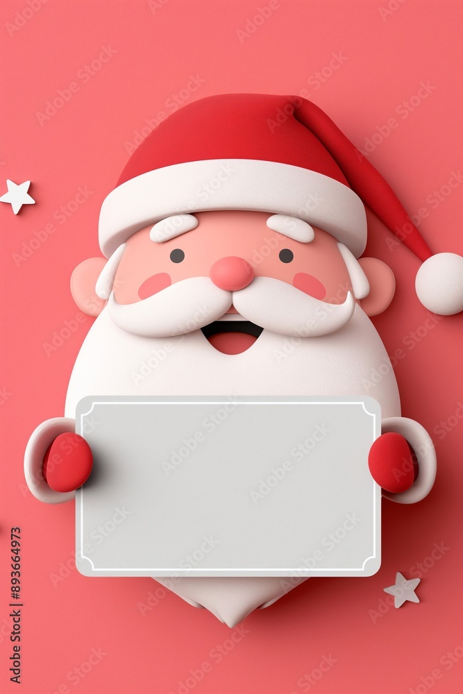 Christmas card illustration in 3D style. Flatlay with Santa Claus holding blank white banner on red background. Design for greeting card, poster, banner with copy space. Christmas card illustration in 3D style. Flatlay with Santa Claus holding blank white banner on red background. Design for greeting card, poster, banner with copy space.