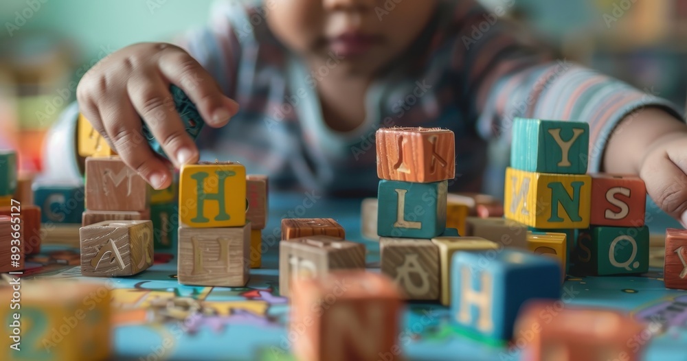 Young Child Developing Early Literacy Skills with Alphabet Blocks Stacking Play Young Child Developing Early Literacy Skills with Alphabet Blocks Stacking Play