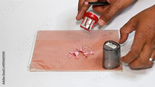 a man's hand is sharpening his pencil with a shavings isolated on a white background
 photo