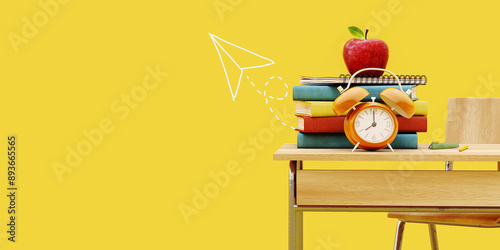 School desk with school accessory and alarm clock on yellow background with copy space. 3D Rendering, 3D Illustration 