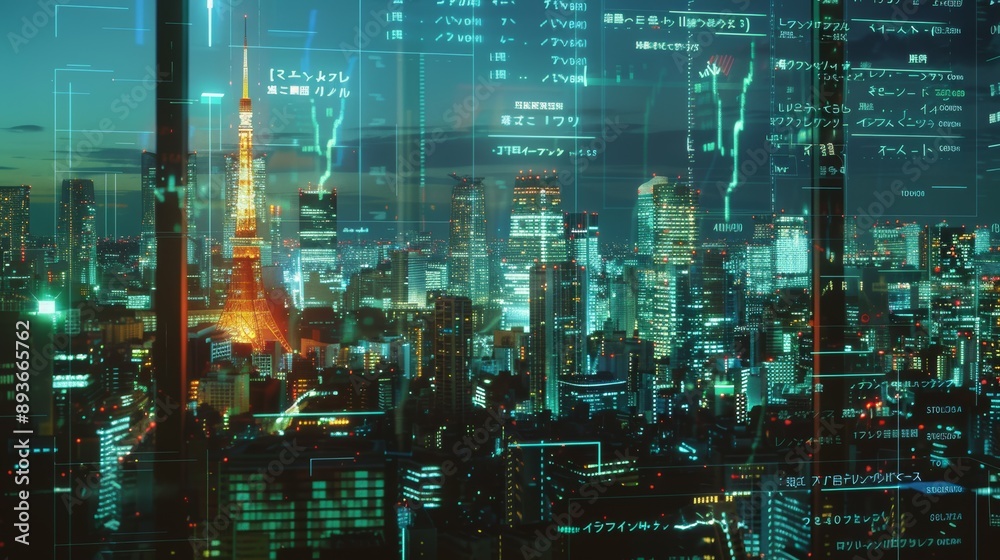 Fototapeta premium Dynamic Split-Screen of Forex Trading Activities in New York, London, and Tokyo with Skyline Views