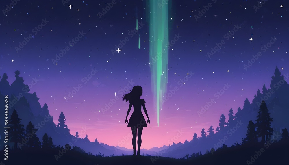 Fototapeta premium Silhouette of a Girl Gazing at the Stars