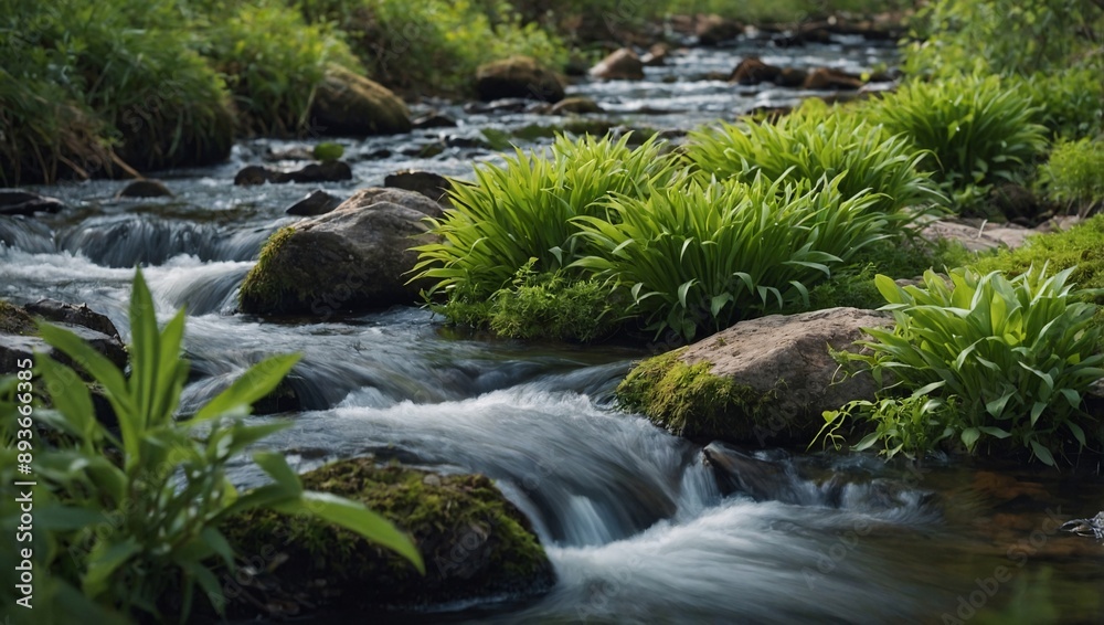 Springtime stream with young green plants. Horizontal banner, natural beauty Springtime stream with young green plants. Horizontal banner, natural beauty