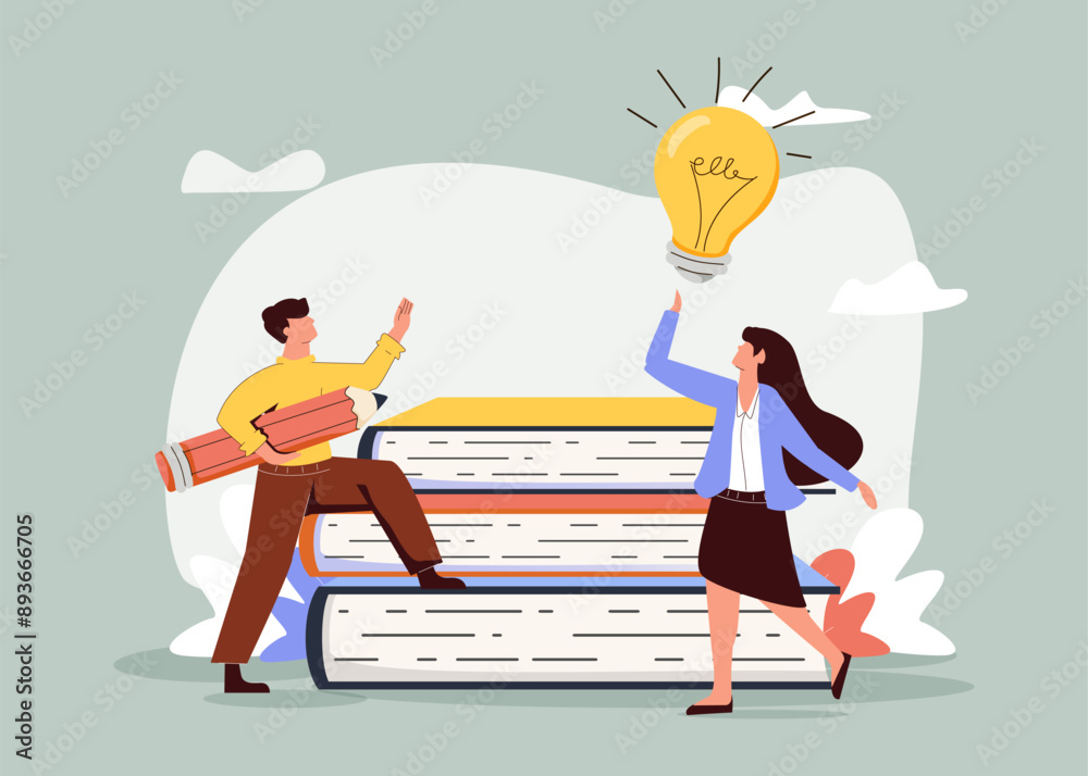 A large book is piled up, and a light bulb is lit on top of the book. The students are climbing the bookshelf. Vector A large book is piled up, and a light bulb is lit on top of the book. The students are climbing the bookshelf. Vector