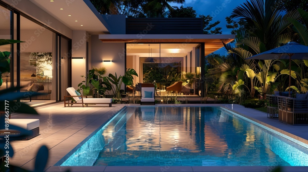 Luxury villa with swimming pool and patio furnitures at night