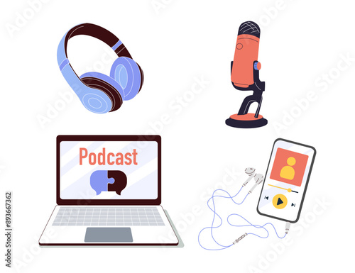 Headphones, microphone, laptop, equalizer, speech bubbles. Podcast recording and listening, broadcasting, online radio