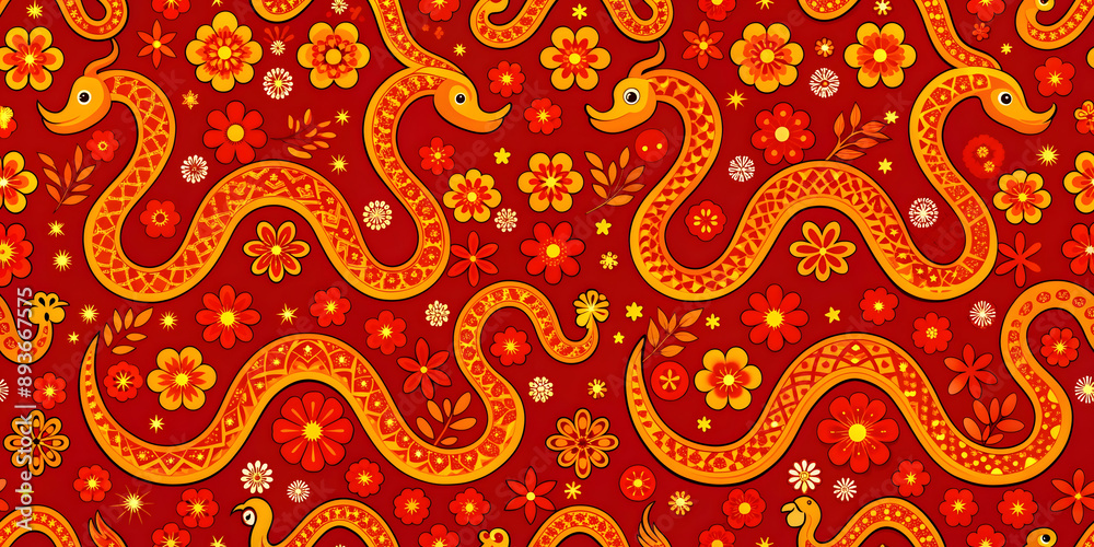 Seamless pattern with snakes and flowers on a red background.
