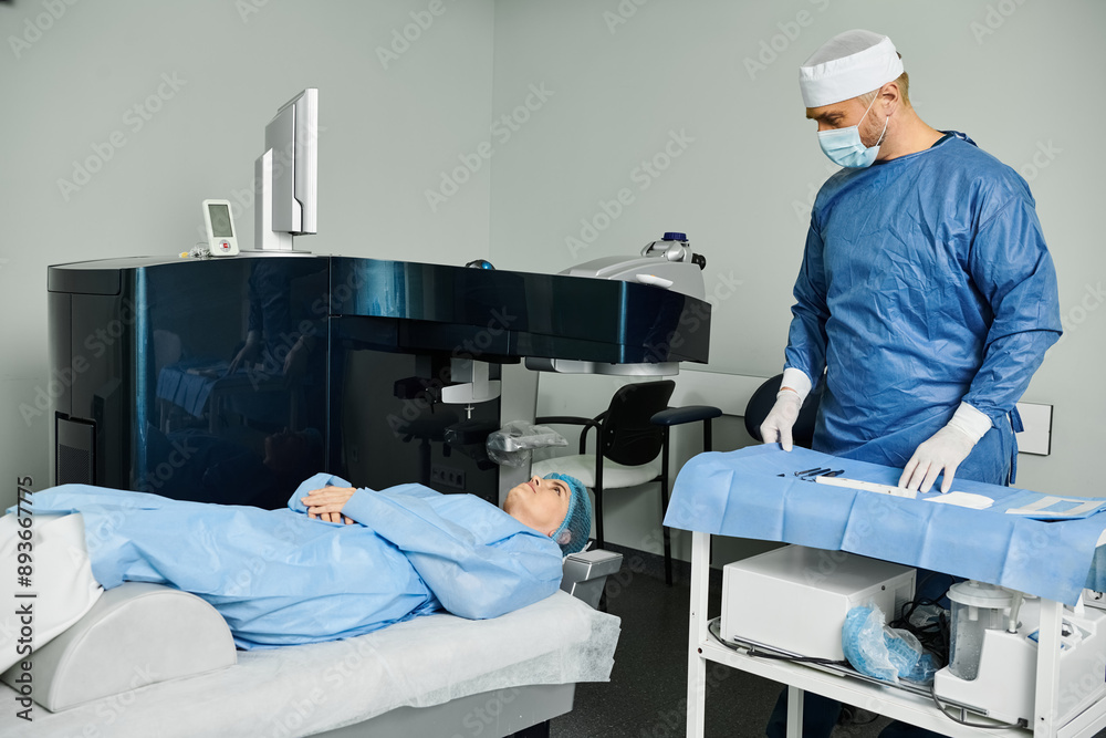 Fototapeta premium A caring man in scrubs stands by a hospital bed.
