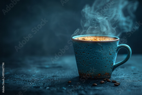 Abstract minimalist image of a coffee cup with steam forming abstract patterns, on a black background,
