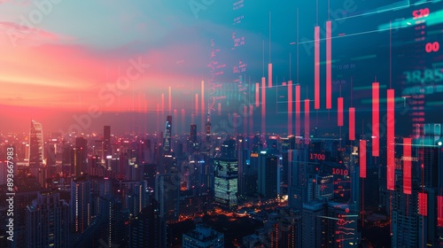 Panoramic International City Skyline at Dusk with Stock Market Data Overlays - Investment, Finance